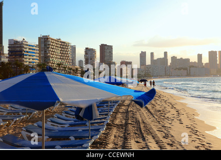 Sonnenliegen am Strand in Benidorm Stockfoto