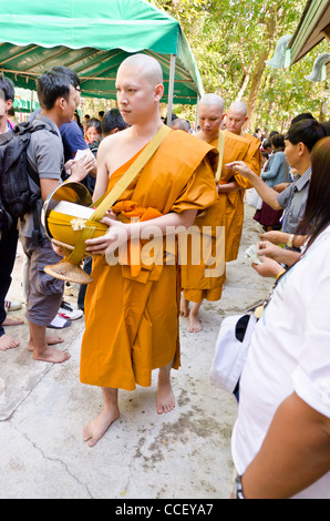 Neu ordinierte buddhistische Mönche mit rasierten Köpfen & tragen orangefarbene Gewänder Fuß durch Menschen setzen Geschenke in Schalen, die sie bei sich tragen Stockfoto