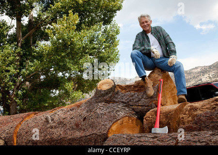 Niedrigen Winkel Ansicht der Mann sitzt auf einem riesigen Baumstamm Stockfoto