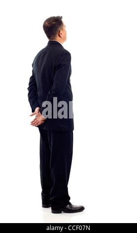 Applying Asian Business-Mann von hinten - Blick auf etwas über einen weißen Hintergrund Stockfoto