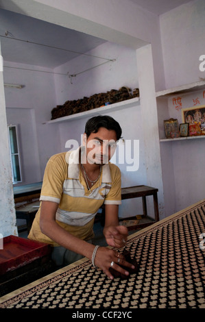 Stoff-Block printing Workshop, Bagru Dorf, Jaipur, Rajasthan, Indien Stockfoto