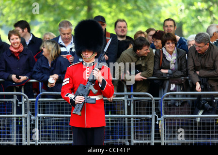 Irish guard an Pflicht vor Menschenmengen in der Pall Mall vor dem Trooping die Farbe Zeremonien, London, England 2011 Stockfoto