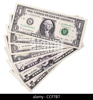 kleine Dollarscheine isoliert auf weißem Hintergrund Stockfoto