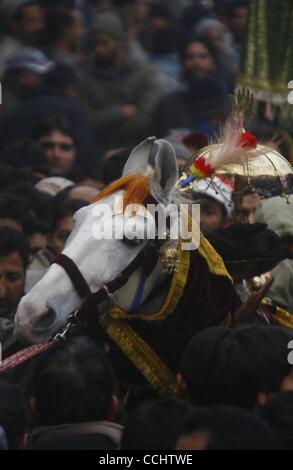 16. Dezember 2010 - Sommer Kaschmir, Srinagar, Indien - ein Kashmiri muslimischen schiitischen muslimischen Trauergäste nehmen Sie eine Prozession zusammen mit einem geschmückten Pferd während einer Muharram-Prozession am Vorabend des Aschura-Festival in Srinagar, Hauptstadt des indischen Teil Kaschmirs. Das Pferd steht symbolisch für das Pferd des Imam Hussein. Stockfoto