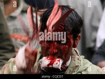 16. Dezember 2010 - Kaschmir, flagellates Srinagar, Indien - A Kashmiri schiitischer Muslim selbst mit einem Messer während einer Muharram-Prozession am Vorabend des Aschura-Festival in Srinagar, Sommer in der Hauptstadt des indischen Teil Kaschmirs. Das Pferd steht symbolisch für das Pferd des Imam Hussein. Ashura, der wichtigste Tag ich Stockfoto