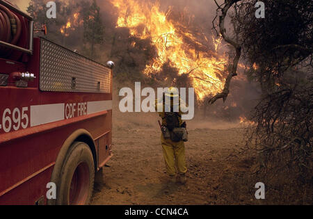 12. August 2004; Bear Mountain, Kalifornien, USA; Funken aus ein Rasenmäher verursacht ein schnell bewegtes Feuer 20 Meilen NE Redding in Nordkalifornien. CDF Feuerwehrmann Spencer Pinsel aus Monterey/San Benito Hollister Station, Motor 4695 Uhren Backburn hüpfte Aloha Straße brennen und zog sich die Schlucht in der Nähe von Bea Stockfoto