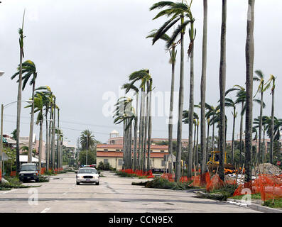 090504 traf Palmenstrand---Palm Bäume, die Royal Poinciana Weg säumen stark beschädigt sind, da die Palm Beach Bereich Polizeistreife. Niemand durfte nach dem Sturm auf die Insel kommen. Personal-Foto von Greg Lovett Stockfoto