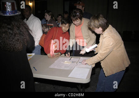 4. März 2008 - Austin, Texas, USA - nach dem Gebäude, wo sie angeblich um zu Flügels, unerwartet geschlossen wurde, versammelten sich Texas Demokraten in einem dunklen Parkplatz, in der Fußgängerzone-Konventionen für Hillary Clinton oder Barack Obama zu stimmen. Wähler verwendet Taschenlampen und Handys, um Licht das Zeichen-Blatt Stockfoto