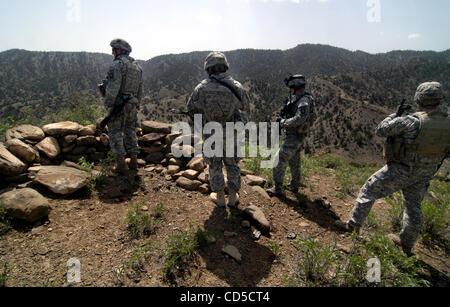 18. April 2008 - Paktya-Provinz, Afghanistan - US-Soldaten des 4th Brigade Combat Team, untersuchen 101. US-Luftlandedivision ein Aufständischer kämpfen Position mit Blick auf Routen, die von Einheimischen als auch den USA und der afghanischen Sicherheitskräfte durch die bewohnten Täler der Paktya Provinz im östlichen Afghanen verwendet Stockfoto