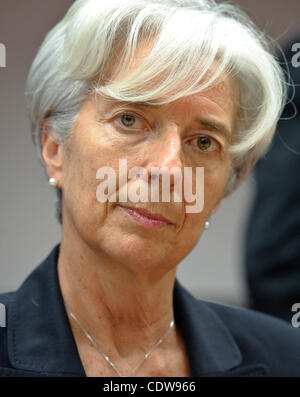 16. Mai 2011 - BXL, Brüssel, Belgien - die französische Finanzministerin Christine Lagarde vor einem Ministertreffen auf die europäische Stabilität Mechanis und Eurogruppe treffen in Brüssel, Belgien am 2011-05-16 EU-Finanzminister trafen sich, um das Finanzpaket für Portugal und griechische Schulden zu diskutieren Stockfoto