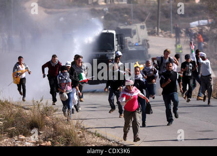 12. November 2011 - Ramallah, Westjordanland, Palästina - palästinensische Demonstranten versuchen zu vermeiden, Tränengas-Shooting durch israelische Soldaten bei Zusammenstößen zwischen israelischen Sicherheitskräften und palästinensische Demonstranten bei einer wöchentlichen Protest im Westjordanland-Dorf von Nabi Saleh, in der Nähe von Ramallah 11. November 2011 Stockfoto