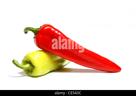 Rote und grüne Paprika, die isoliert auf weißem Hintergrund Stockfoto