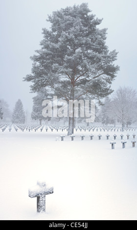 Kreuze und Bäume im WW2 Militär Friedhof mit Schnee bedeckt Stockfoto