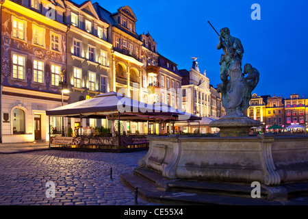 Brunnen von Neptun in den Altstädter Ring, Stary Rynek, in der polnischen Stadt Poznan, Polen, in der Nacht. Stockfoto