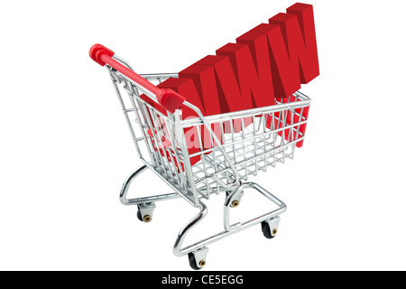 Internet Www Einkaufswagen isoliert auf weißem Hintergrund Stockfoto