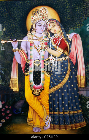 Radha Krishna spielt Flöte Miniaturmalerei auf Papier Indien Asien Stockfoto