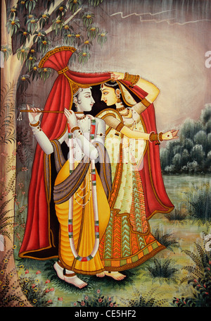 Radha Krishna unter Stoffschirm in Monsunregen, Miniaturmalerei auf Papier, Indien Stockfoto