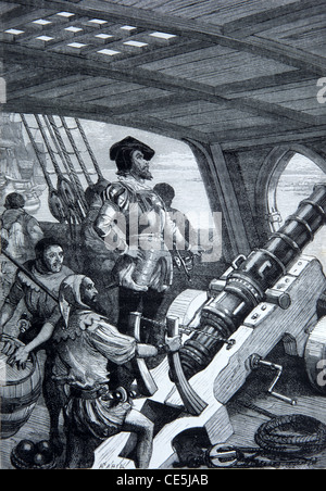 Jacques Cartier (1491-1557) Französisch Explorer und Seemann oder Mariner an Bord Schiff entdecken Kanada. Vintage Illustration oder Gravur Stockfoto