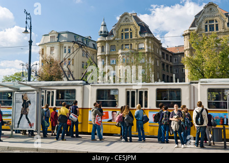 Straßenbahnen auf Vamhaz körút vor Fovam ter, Pest, Budapest, Ungarn. Stockfoto