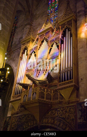 Spanien Spanien Balearen Balearen Mallorca Mallorca Palma Kathedrale La Seu Innenraum Orgelpfeifen Glasfenster Reflexion Beleuchtung Stockfoto