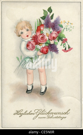 Deutschland - ca. 1929: Alte Ansichtskarte, Geburtstagsgrüße, zeigt eine Mädchen mit Blumen, ca. 1929 Stockfoto