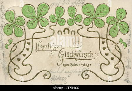 Deutscher Gruß-Postkarte "von ganzem Herzen alles Gute zum Geburtstag!", zeigt florales Design, ca. 1903 Stockfoto