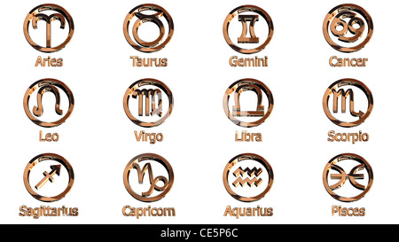 Goldene Tierkreiszeichen isoliert auf weißem Hintergrund Stockfoto