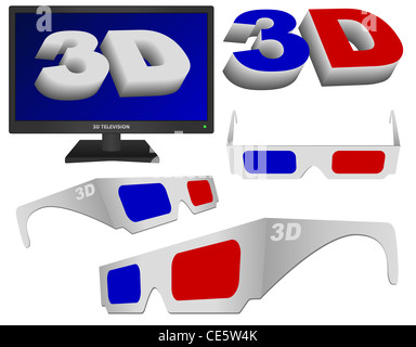 Technologie - 3D Sign, Brille und Fernseher-Sammlung Stockfoto