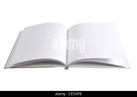 Offenes Buch mit weißen Seiten, isoliert auf weiss Stockfoto