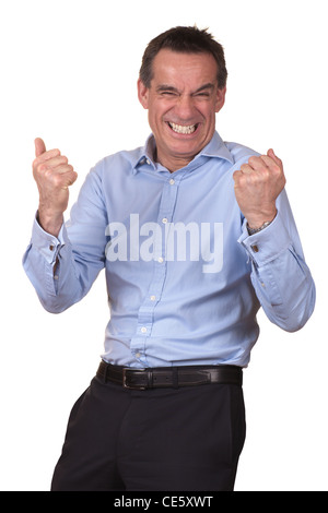 Attraktiver Mann mit glücklichen aufgeregt Ausdruck im blauen Hemd Stockfoto