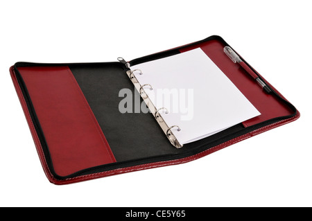 Rotem Leder Notebook Cover mit Textfreiraum, isoliert auf weiss Stockfoto