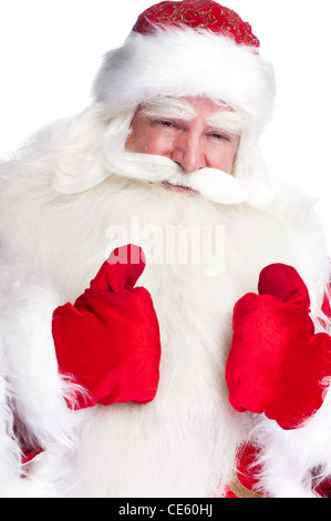 Traditionellen Weihnachtsmann Daumen nach oben. Isoliert auf weiss. Stockfoto