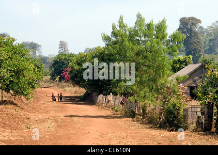 Eine unbefestigte Straße dient eine typisch ländlichen Bauernhof Gemeinde in der Provinz Ratanakiri, Kambodscha. Stockfoto