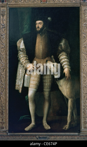 Karl i. von Spanien und v. von Deutschland (1500-1558). Porträt von Charles V mit einem Hund (1533) von Tizian (c. 1490-1576). Öl auf Leinwand. Stockfoto