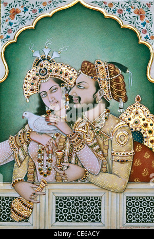 Moghul-Kaiser Shah Jahan und Kaiserin Mumtaz Mahal mit Taubenvögel und Wein-Miniaturmalerei auf Papier Stockfoto