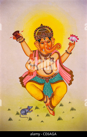 Lord Ganesh tanzen; Miniaturmalerei auf Papier; Malerei; Kunst; Kunstwerk; Zeichnung; Illustration; Skizze; indien; asien Stockfoto