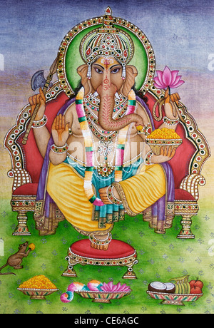 Lord Ganesha Ganpati sitzt auf Thron Miniaturmalerei auf Papier Stockfoto