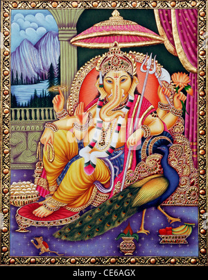 Lord Ganesh Ganpati sitzt auf Thron Miniaturmalerei auf Papier Stockfoto