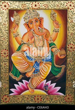 Lord Ganesh tanzen auf Lotusblume; Malerei mit Gold auf Papier; Malerei; Kunst; Kunstwerk; Zeichnung; Illustration; Skizze; indien; asien Stockfoto