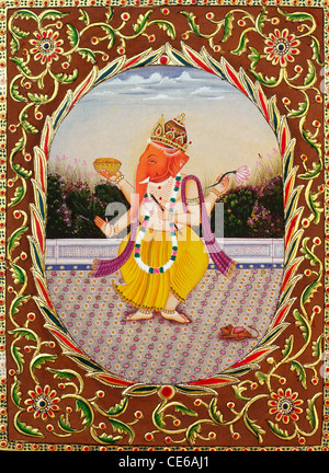 Lord Ganesh stehend; Malerei auf Papier mit Stickerei; Malerei; Kunst; Grafik; Zeichnung; Illustration; Skizze; indien; asien Stockfoto