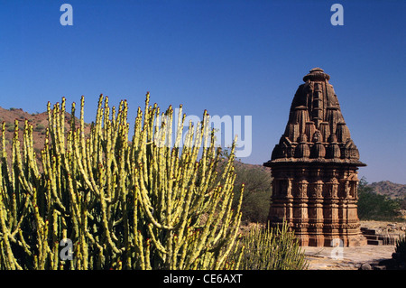 Kaktus und Kiradu Hindu ruiniert historischen Tempeln; Thar Wüste; Barmer; Jaisalmer; Rajasthan; Indien; Asien Stockfoto