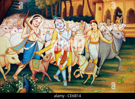 Lord Krishna und Balram mit Gopal und Kühe Miniaturmalerei Stockfoto