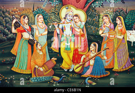Radha Krishna im Garten mit Gopis spielen Musikinstrumente veena dholak Flöte Pfau tanzen, Miniaturmalerei, Kunstwerk, Indien, Asien Stockfoto