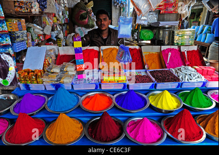 Gepudert Farbstoffe in verschiedenen Farben zum Verkauf auf dem Markt der Devaraja in Mysore, Karnataka, Indien. Stockfoto