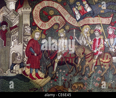 Charles VII von Frankreich empfangen von Jeanne d ' Arc in der Burg Chinon. 1429 deutsches Wandteppich. Stockfoto