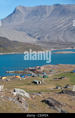 Grönland, igaliku. kleine Siedlung auf der igaliku Fjord. Am besten bekannt für Ruinen von gardar. Stockfoto