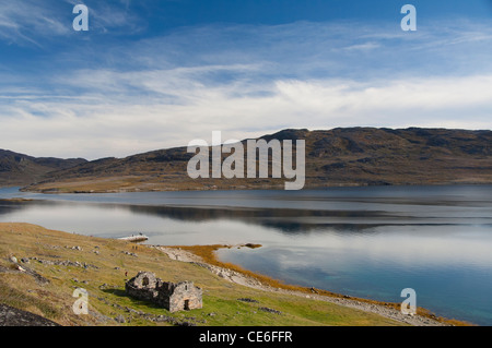 Grönland qaqortoq, hvalsey (aka Whale Island). 14 C. Stein Ruinen von hvalsey Kirche (aka hvalso kirkeruin). Stockfoto