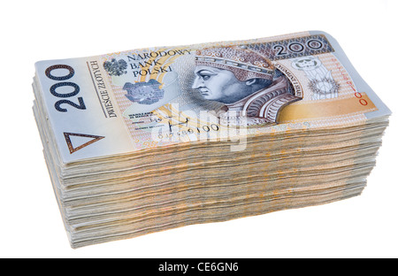 Stapel von zweihundert polnischen Złoty-Banknoten isoliert auf weißem Hintergrund Stockfoto