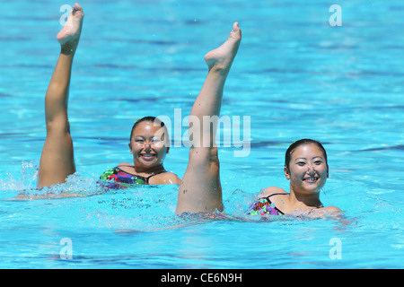 Synchronschwimmern im Schwimmbad Stockfoto