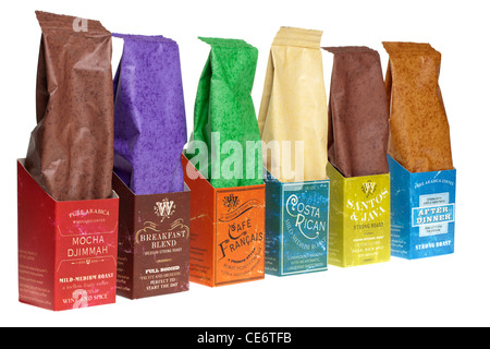 Eine Auswahl von sechs verschiedenen Kaffeespezialitäten Stockfoto